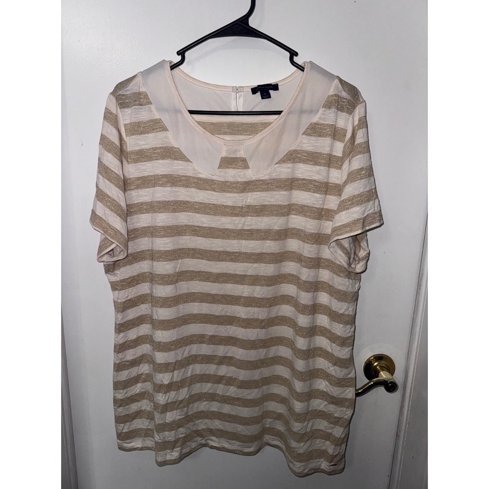 Tommy Hilfiger Womens 1X Gold Metallic Striped Peter Pan Collar Top White Blouse